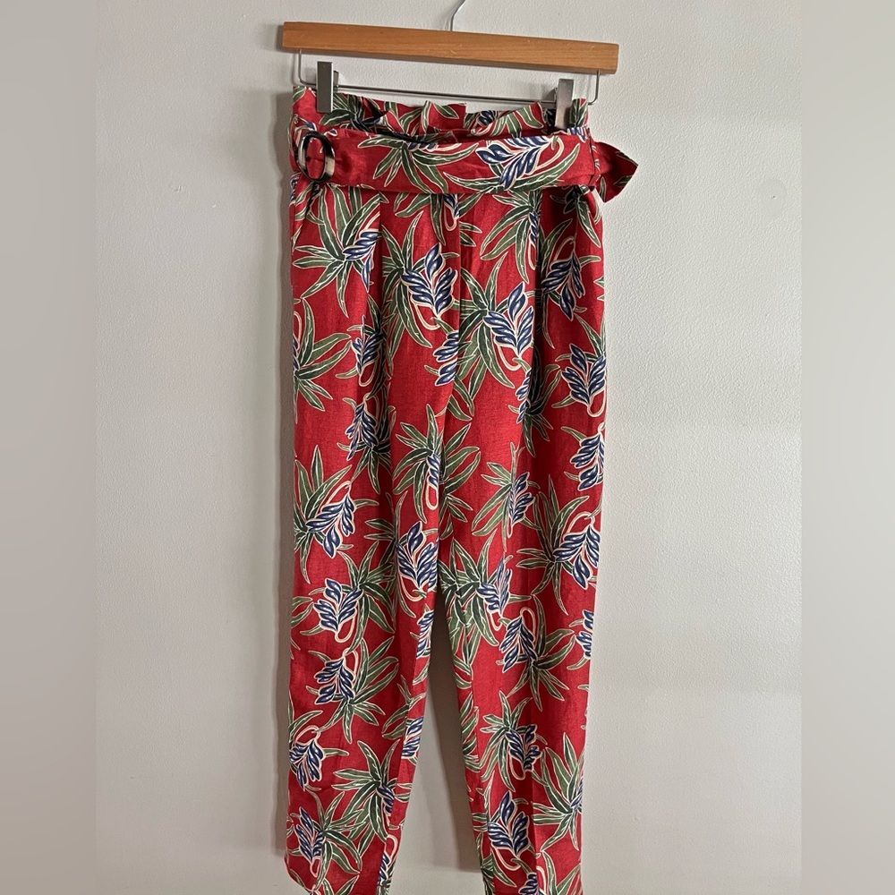 Lulus Moon River Linen Blend Paperbag Belted Crop Pants Red Tropical S - Picture 1 of 11